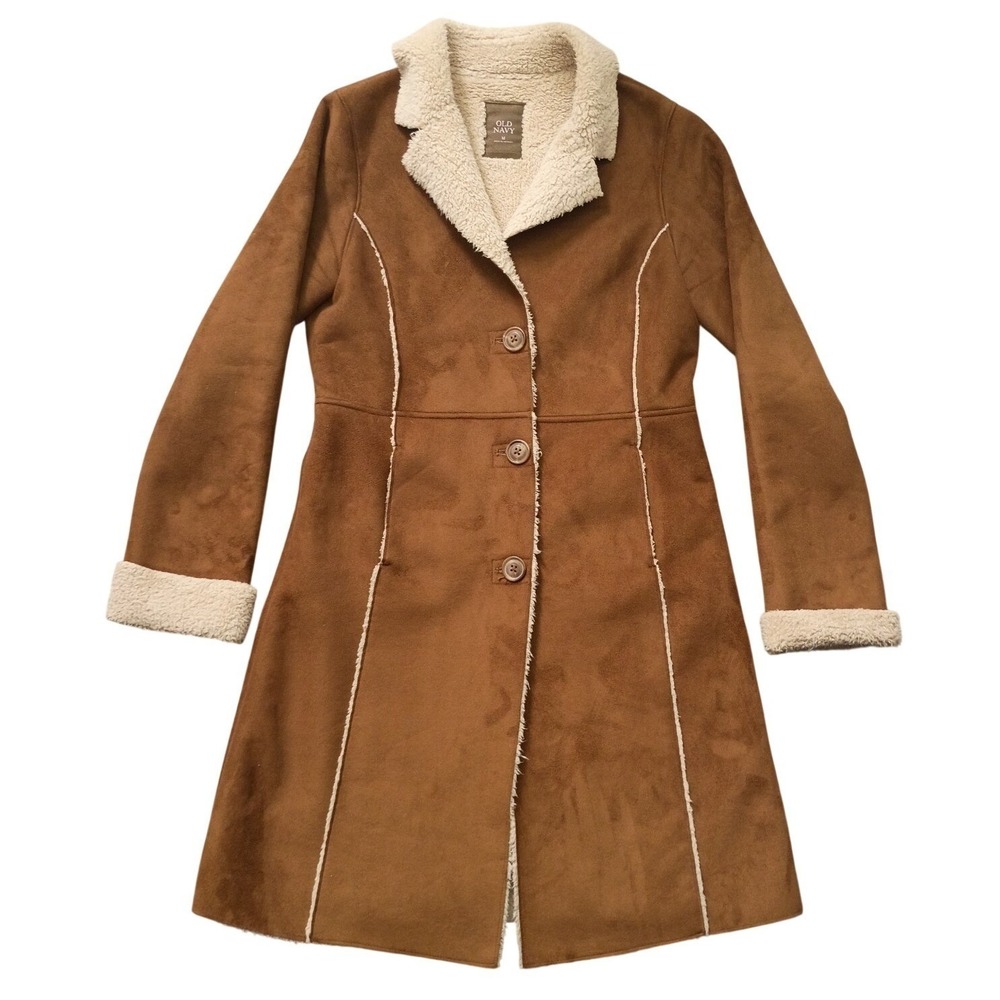 Old Navy Womens M Faux Suede Sherpa Lined Penny Lane Coat Cozy Warm Button Front